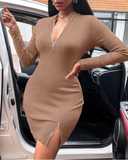 New Elegant Women Sexy V Neck Split Full Sleeve Solid Color Mini Dress