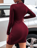 New Elegant Women Sexy V Neck Split Full Sleeve Solid Color Mini Dress