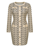 Fashion Slim Geometric Print Full Sleeve Knee-Length A-Line Party Dress