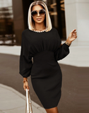 Inclined Shoulder High Waist Full Autumn Elegant Casual Rib Twill Solid Party Drees
