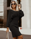 Inclined Shoulder High Waist Full Autumn Elegant Casual Rib Twill Solid Party Drees