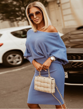 Inclined Shoulder High Waist Full Autumn Elegant Casual Rib Twill Solid Party Drees