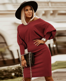 Inclined Shoulder High Waist Full Autumn Elegant Casual Rib Twill Solid Party Drees