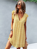 Summer Fashion Casual V Neck Floral Print Ruffle Short Sleeve Loose Beach Dress