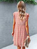 Summer Fashion Casual V Neck Floral Print Ruffle Short Sleeve Loose Beach Dress