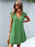 Summer Fashion Casual V Neck Floral Print Ruffle Short Sleeve Loose Beach Dress