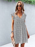 Summer Fashion Casual V Neck Floral Print Ruffle Short Sleeve Loose Beach Dress