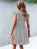 Summer Fashion Casual V Neck Floral Print Ruffle Short Sleeve Loose Beach Dress
