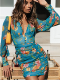 New Deep V-neck Sexy Long Sleeve High Waist Mini Dress Print Party Dress Vestidos