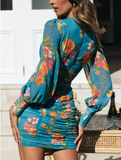 New Deep V-neck Sexy Long Sleeve High Waist Mini Dress Print Party Dress Vestidos