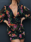 New Deep V-neck Sexy Long Sleeve High Waist Mini Dress Print Party Dress Vestidos