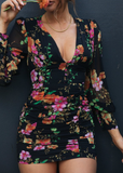 New Deep V-neck Sexy Long Sleeve High Waist Mini Dress Print Party Dress Vestidos