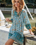 Printed Mini Casual 3/4 Sleeve Loose Dress Elegant Boho Beach Dress Female Vintage Dress