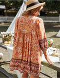 Printed Mini Casual 3/4 Sleeve Loose Dress Elegant Boho Beach Dress Female Vintage Dress