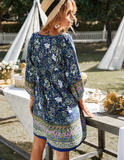 Printed Mini Casual 3/4 Sleeve Loose Dress Elegant Boho Beach Dress Female Vintage Dress