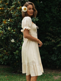 New Cotton Smock Square Collar Women Summer Dress Ruffle Bow Beach Midi Dress