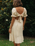 New Cotton Smock Square Collar Women Summer Dress Ruffle Bow Beach Midi Dress