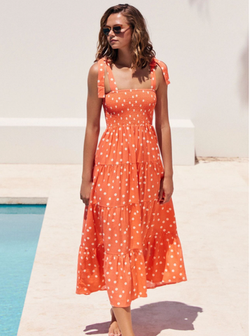 Boho Tie Up Strap Summer Print Dress Women Holiday Elastic Beach Long Sundress