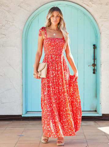 Red Spaghetti Strap Tie Up Holiday High Waist Slash Neck Frills Beach Dresses