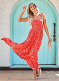 Red Spaghetti Strap Tie Up Holiday High Waist Slash Neck Frills Beach Dresses