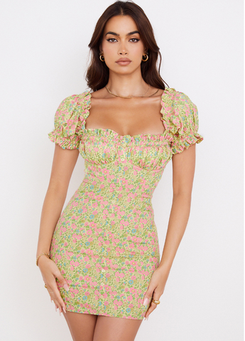 Bohemian Sweet Ruffle Lace Up Slash Neck Print Puff Sleeves Frills A-line Floral Mini Dress