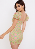 Bohemian Sweet Ruffle Lace Up Slash Neck Print Puff Sleeves Frills A-line Floral Mini Dress