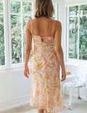 New Ruffles High Waist Casual Print Dresses For Women Summer Strap Midi Dress