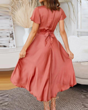 Casual Solid Color Deep V-neck Elegant Hollow Out Office Ladies Dresses