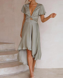 Casual Solid Color Deep V-neck Elegant Hollow Out Office Ladies Dresses