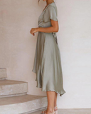 Casual Solid Color Deep V-neck Elegant Hollow Out Office Ladies Dresses