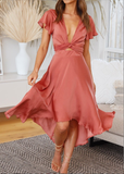 Casual Solid Color Deep V-neck Elegant Hollow Out Office Ladies Dresses