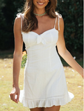 New Bowknot White Casual Solid High Waist Ruffled A-line Summer Dresses