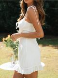 New Bowknot White Casual Solid High Waist Ruffled A-line Summer Dresses