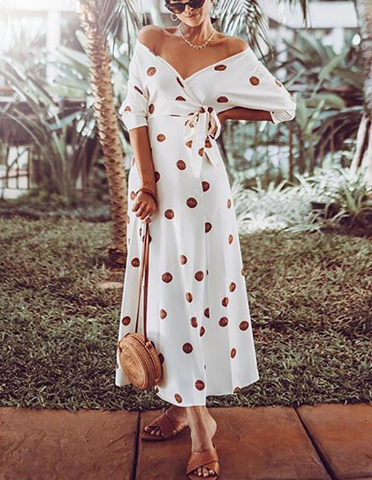 Bohemian Sexy V Neck Off Shoulder Sashes Ankle-Length Female Dress