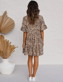 Summer Style Women Mini Leopard Dress Summer Print Ruffles Short Sleeve V neck Dress