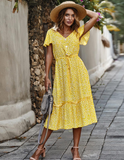 Women Floral Print Boho Long Dress Ruffles Casual V-Neck Sexy Party Dress