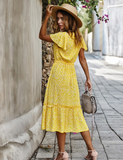 Women Floral Print Boho Long Dress Ruffles Casual V-Neck Sexy Party Dress