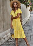 Women Floral Print Boho Long Dress Ruffles Casual V-Neck Sexy Party Dress