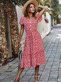 Women Floral Print Boho Long Dress Ruffles Casual V-Neck Sexy Party Dress