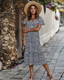 Women Floral Print Boho Long Dress Ruffles Casual V-Neck Sexy Party Dress