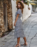 Women Floral Print Boho Long Dress Ruffles Casual V-Neck Sexy Party Dress