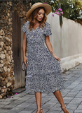 Women Floral Print Boho Long Dress Ruffles Casual V-Neck Sexy Party Dress