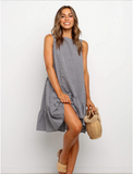 Women Plaid O-Neck Sundress Loose Ruffle Hem Female Beach Mini Dress