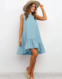 Women Plaid O-Neck Sundress Loose Ruffle Hem Female Beach Mini Dress