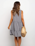 Women Plaid O-Neck Sundress Loose Ruffle Hem Female Beach Mini Dress