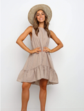 Women Plaid O-Neck Sundress Loose Ruffle Hem Female Beach Mini Dress