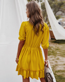 V-Back Lace Spliced Ruffle Hem Half Sleeve Summer Party Dress Women Solid A Line Classy Dress