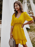 V-Back Lace Spliced Ruffle Hem Half Sleeve Summer Party Dress Women Solid A Line Classy Dress