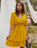 V-Back Lace Spliced Ruffle Hem Half Sleeve Summer Party Dress Women Solid A Line Classy Dress
