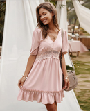 V-Back Lace Spliced Ruffle Hem Half Sleeve Summer Party Dress Women Solid A Line Classy Dress